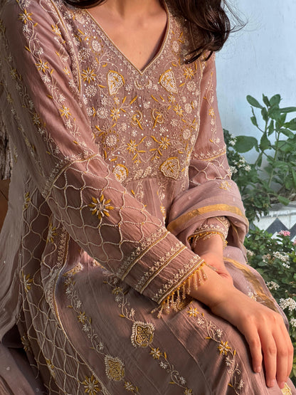 Mauve Shade Malmal Pearl Work Chikankari Kalidar Kurta Set