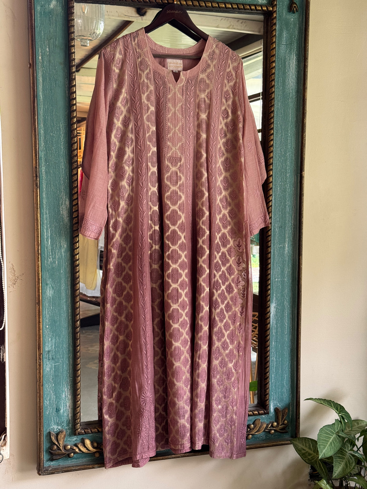Onion Pink Zari Chanderi Chikankari A Line Kurta with Slip