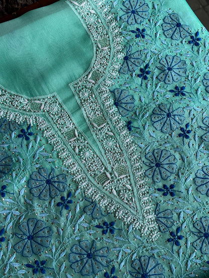 Blue Noor Organza Silk Chikankari With Kamdani Fabric