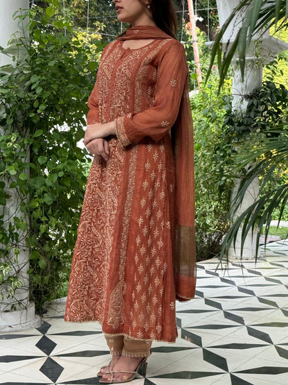 Rust Orange Tissue Silk Chikankari Straight Cut Kurta Dupatta Set