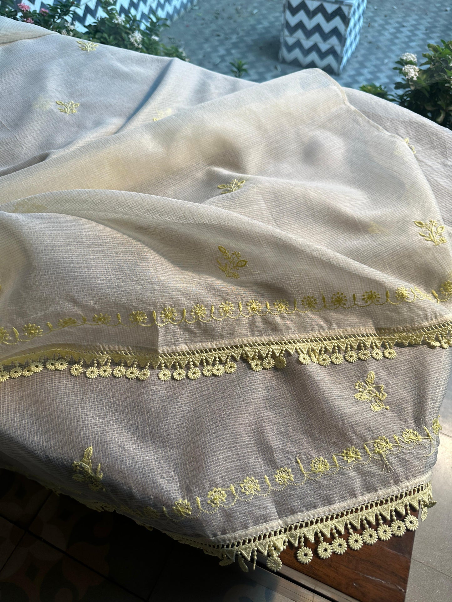 White & Lemon Kota Chikankari Unstitched Fabric