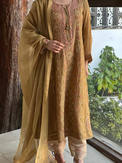 Mustard Shade Tissue Silk Chikankari Anarkali With Ari Work