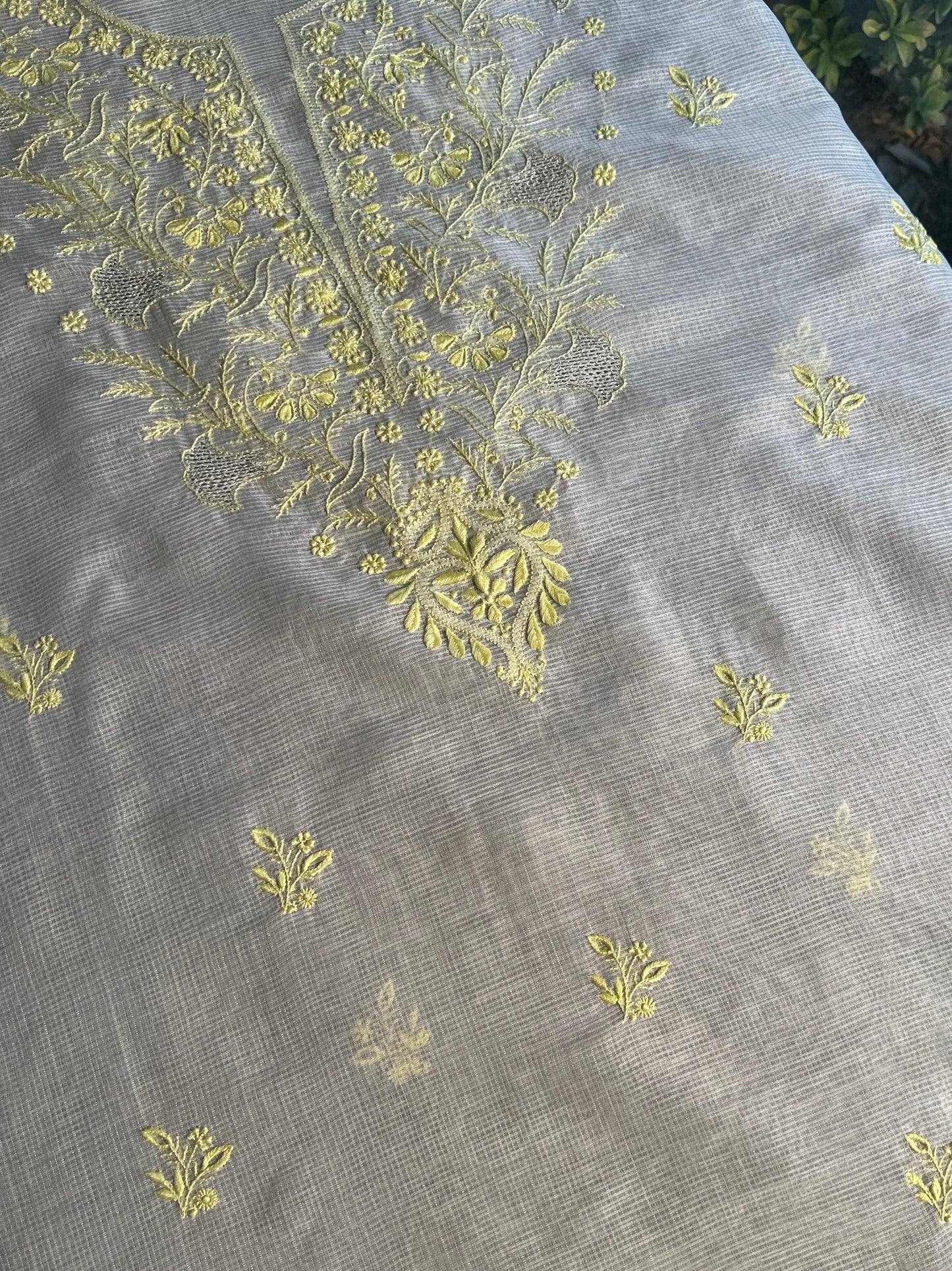 White & Lemon Kota Chikankari Unstitched Fabric
