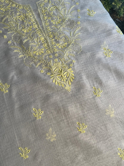 White & Lemon Kota Chikankari Unstitched Fabric