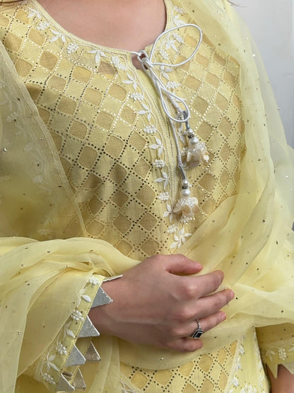 Lemon Custard Daraz Applique Chikankari Mukaish Kurta Dupatta Set