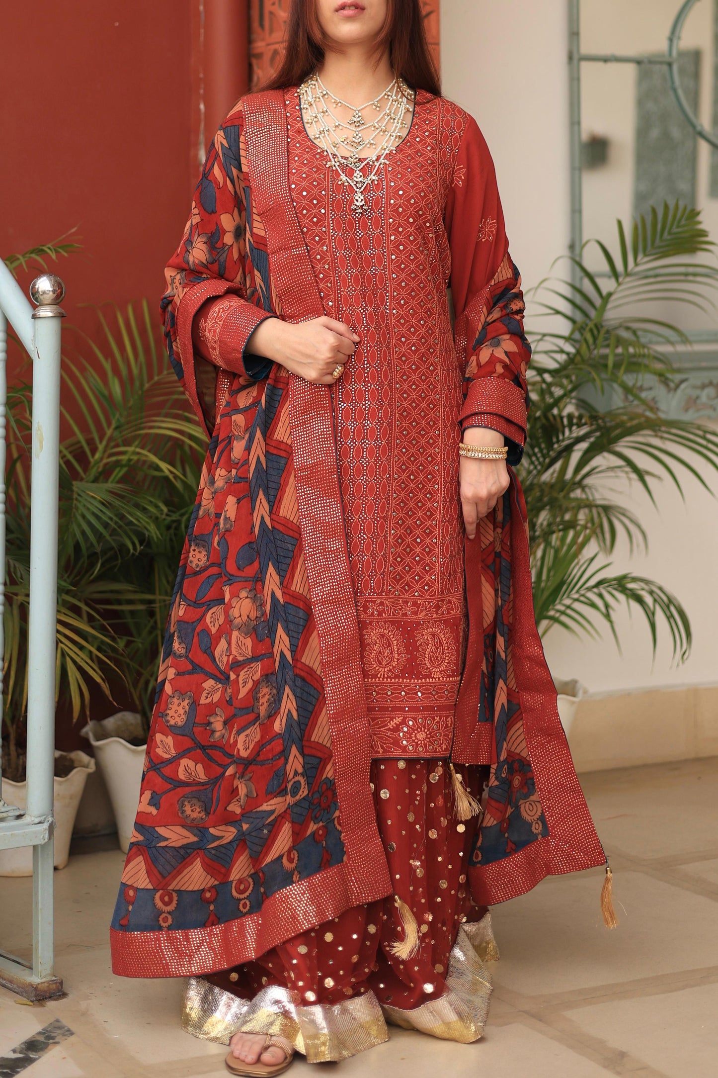 Madder Rust Red Chikankari Pure Georgette Kurta Gharara Set with Kalamkari Dupatta