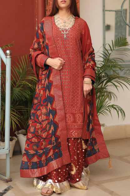 Madder Rust Red Chikankari Pure Georgette Kurta Gharara Set with Kalamkari Dupatta
