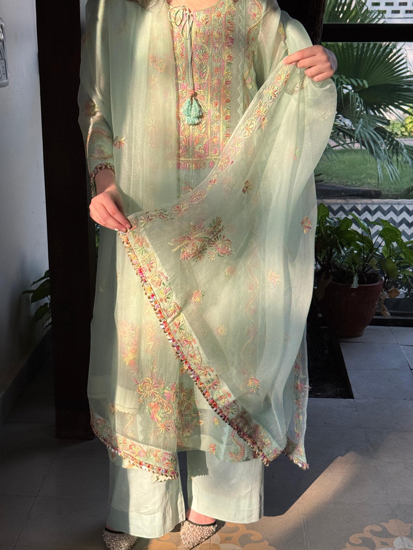 Mint Blue Multi Coloured Noor Organza Resham Chikankari Kurta Set