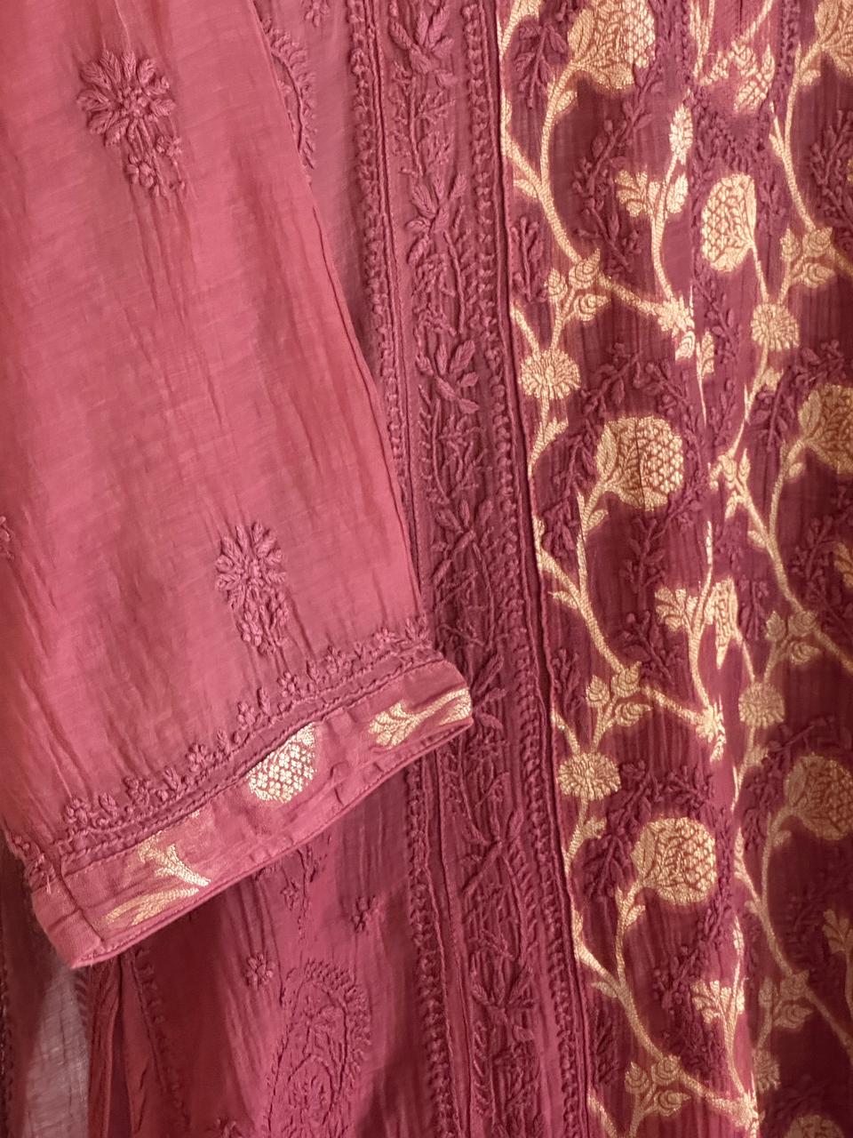 Maroon Zari Chanderi Chikankari A Line Kurta with Slip
