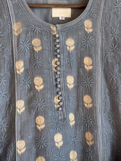Blue Shade Zari Chanderi Chikankari Ready to Wear Tunic