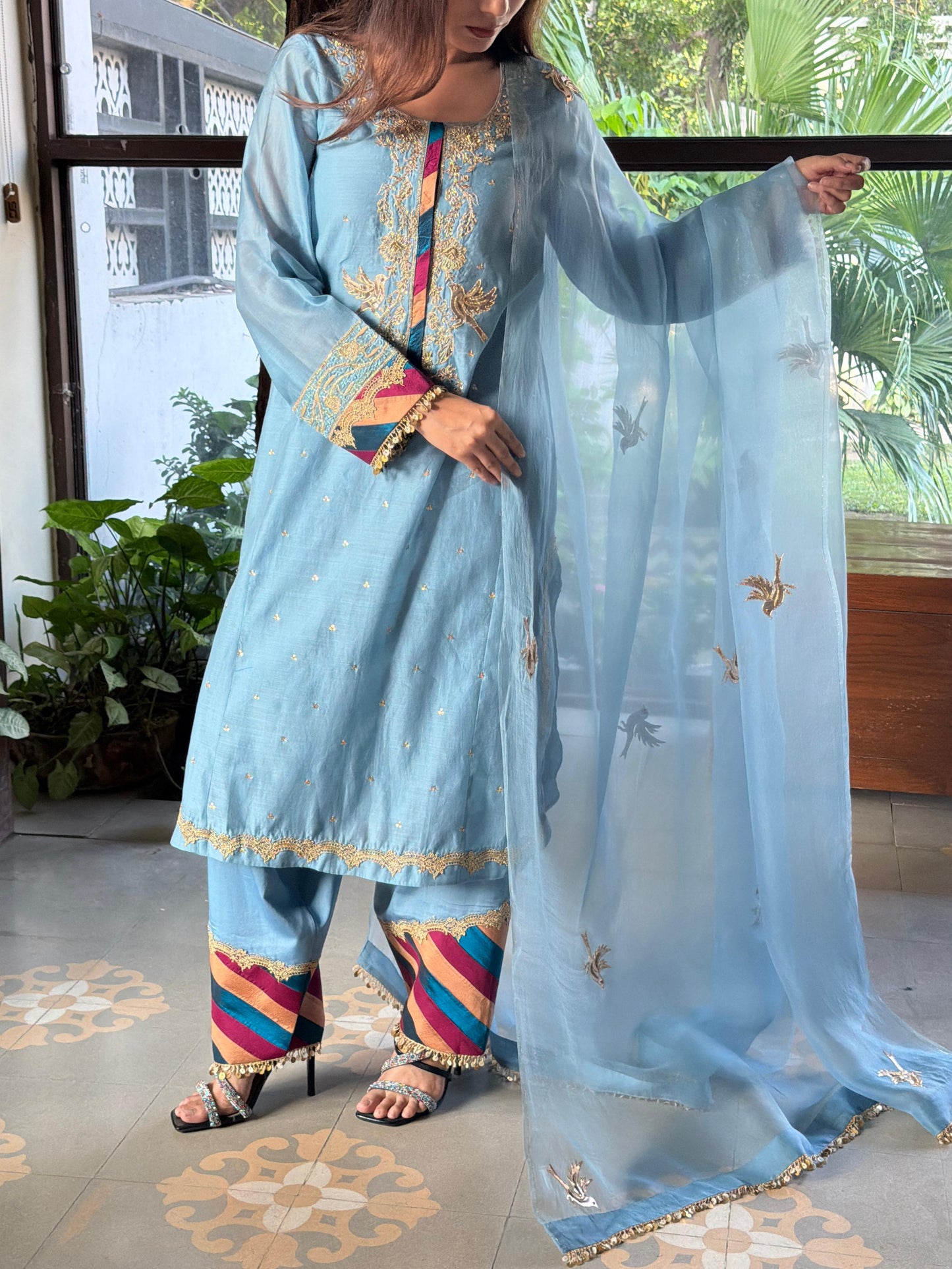 Pastel Blue Chanderi Silk Bird Motif Khadi Salwar Set