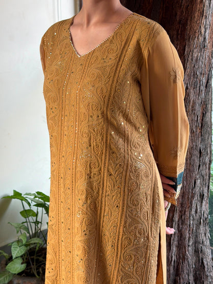 Turmeric Yellow Chikankari Pure Georgette Churidar Set with Kalamkari Dupatta