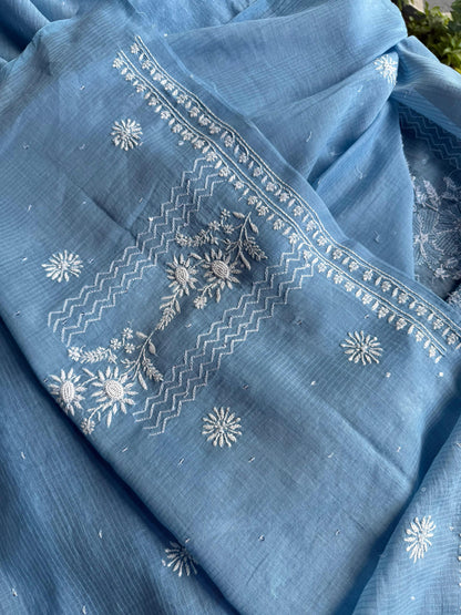 Blue Maheshwari Pearl Work Chikankari Unstitched Fabrics