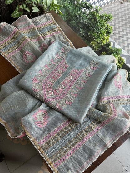 Smokey Grey Shade Tissue Kota Chikankari Unstitched Fabric
