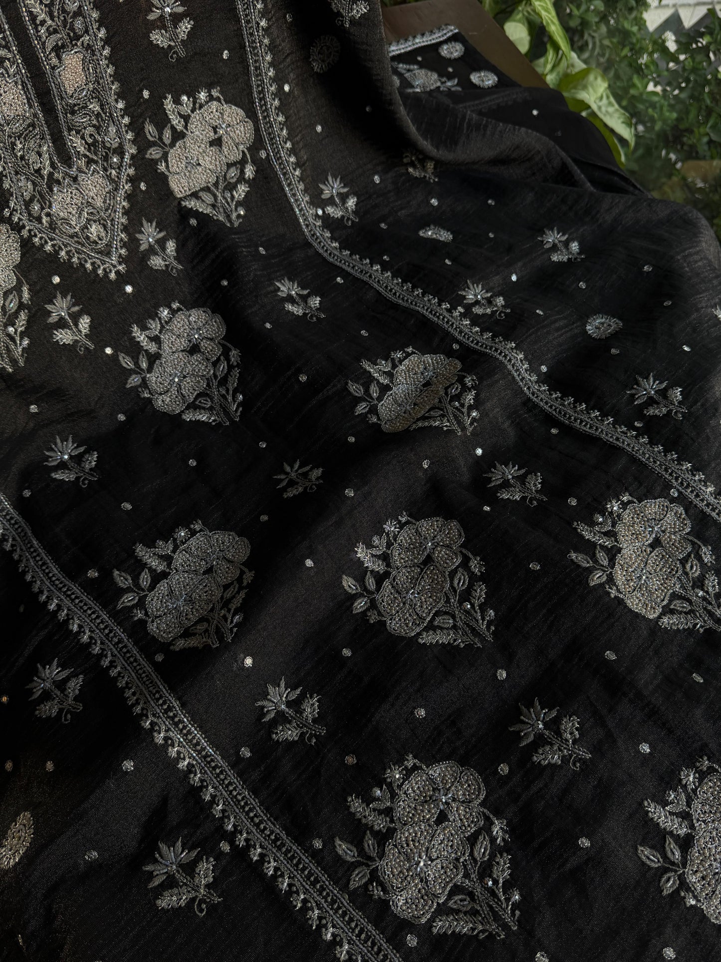 MYSTIC BLACK AND ASH SILVER | TISSUE SILK CHIKANKARI