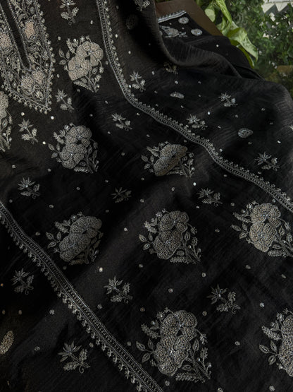 MYSTIC BLACK AND ASH SILVER | TISSUE SILK CHIKANKARI