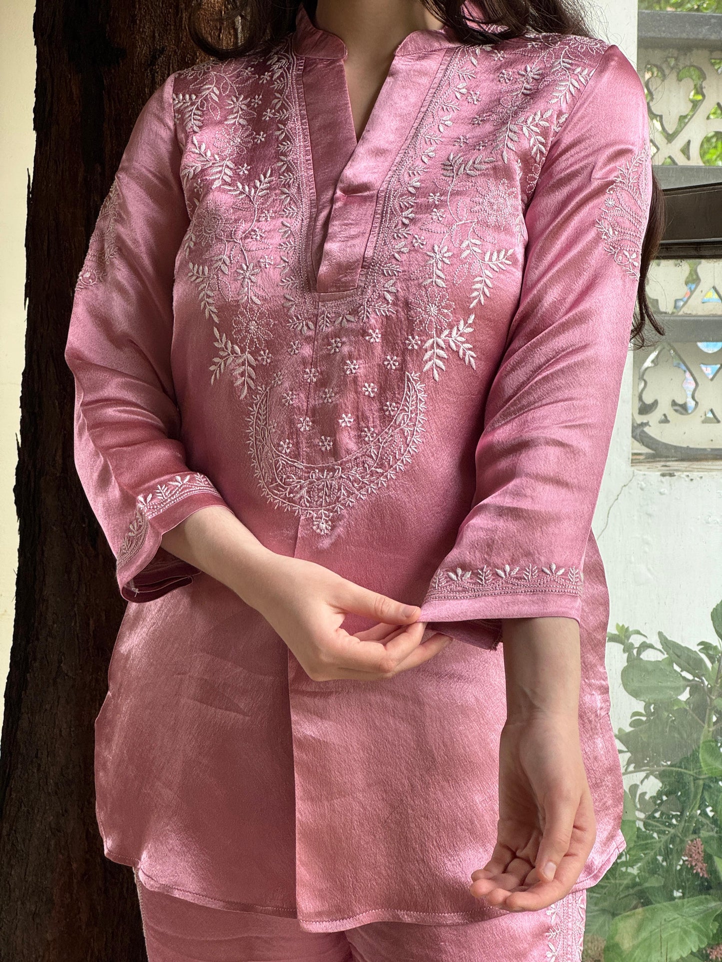 Deep Blush Pink Satin Shimmer Chikankari Co-Ord Set