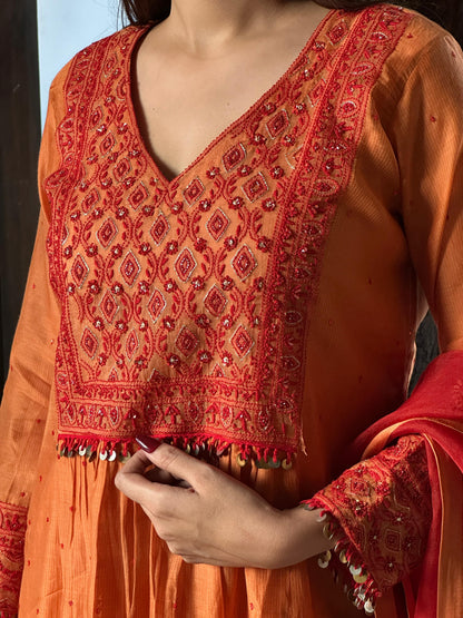 Rust Orange Sico (Silk Cotton) Chikankari Tux Kurta Set