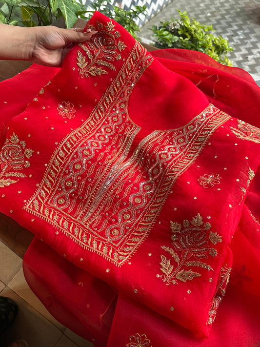 Red Noor Organza Silk Chikankari Unstitched Kurta Dupatta Set