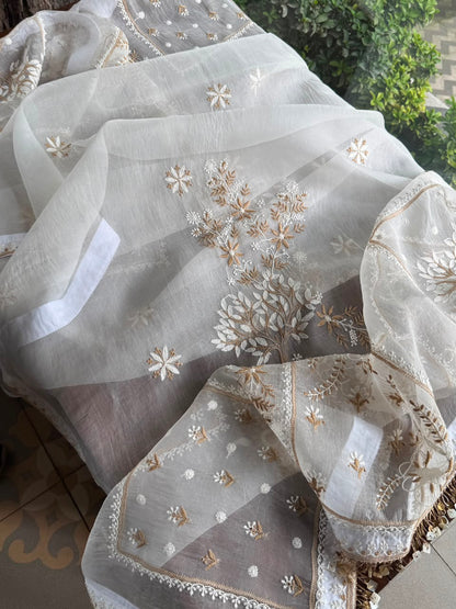 Ivory Kota Pattu Chikankari Suit Set with Organza Dupatta & Pearl Loop Buttons