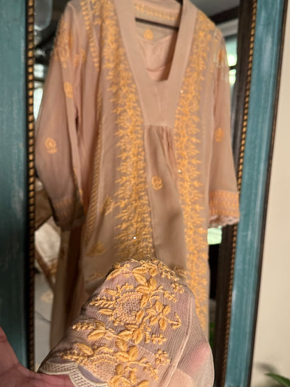 Peach Chiffon Chikankari Kurta with Lace Detailing