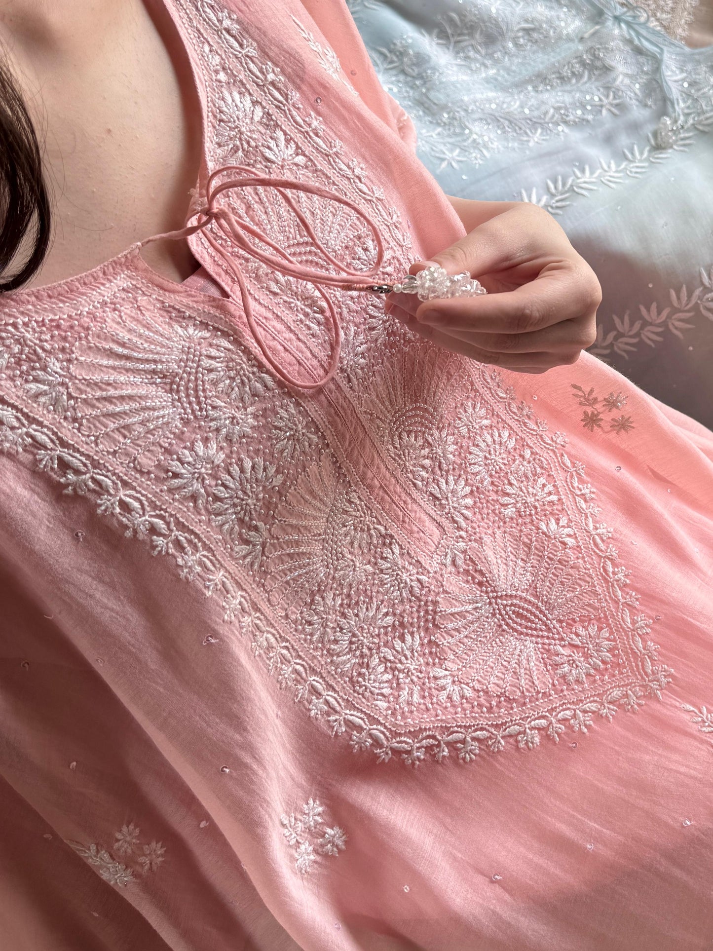 Pink Malmal Sequinned Chikankari Kaftan