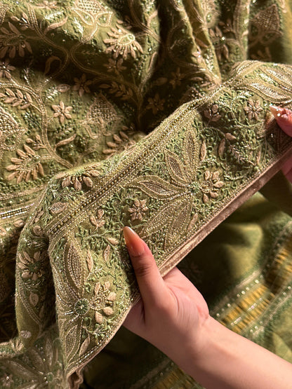 Green Tissue Silk Chikankari Unstitched Fabric