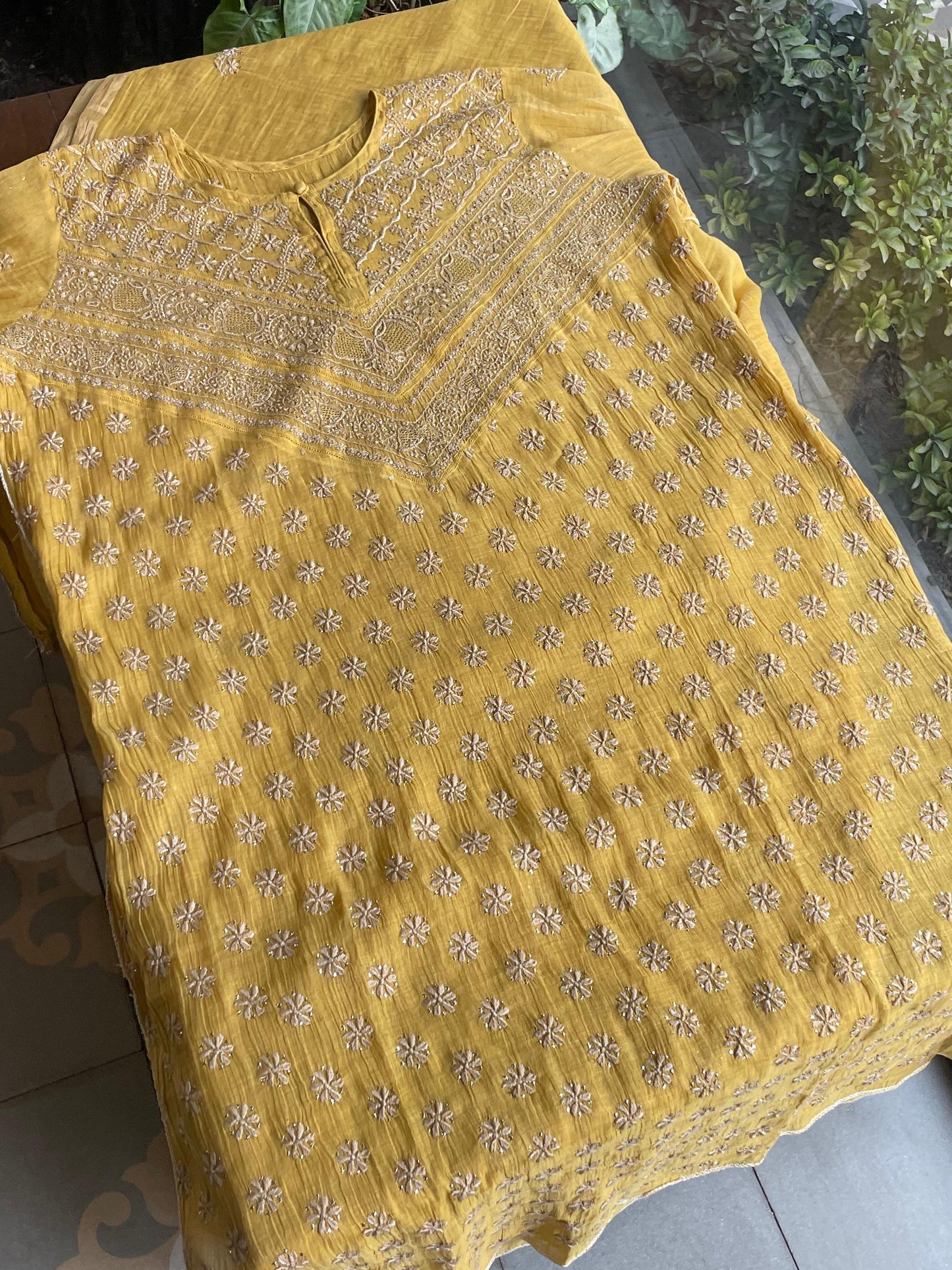 Yellow | Tissue Silk Chikankari Work Kurta Set