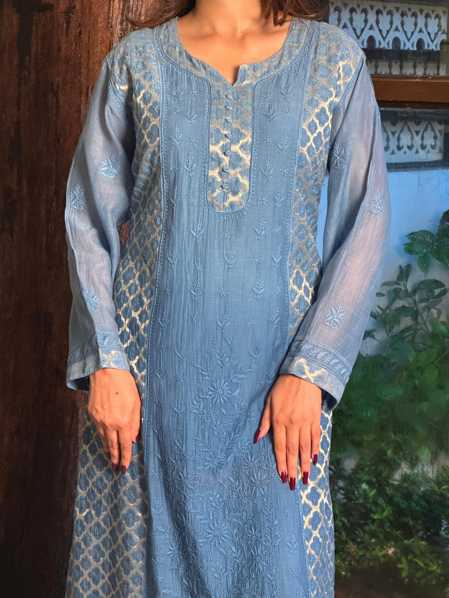 Blue Shade Zari Chanderi Chikankari Ready to Wear Tunics