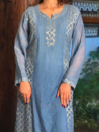 Blue Shade Zari Chanderi Chikankari Ready to Wear Tunics