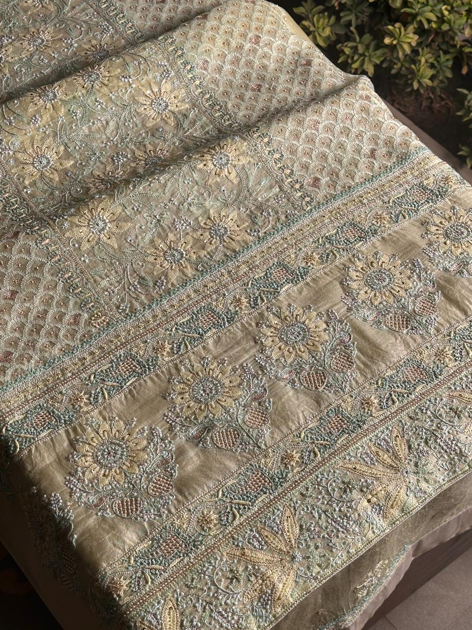 Lemon Shade Noor Banarasi Organza Chikankari Unstitched Fabric