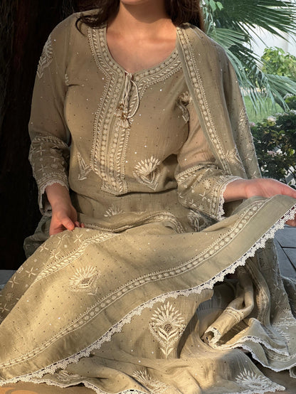 Grey Green Mulmul Pearl White Chikankari Kurta With Heavy Dupatta