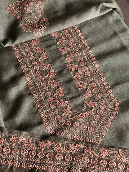 Olive Green Moonga Silk Chikankari Men’s Kurta Fabric