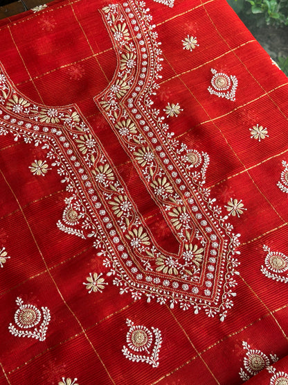 Red Shade Tissue Zari Kota Chikankari Unstitched Fabric