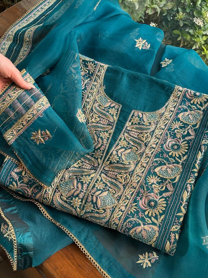 Peacock Blue Shade Moonga Silk Chikankari Unstitched Fabric