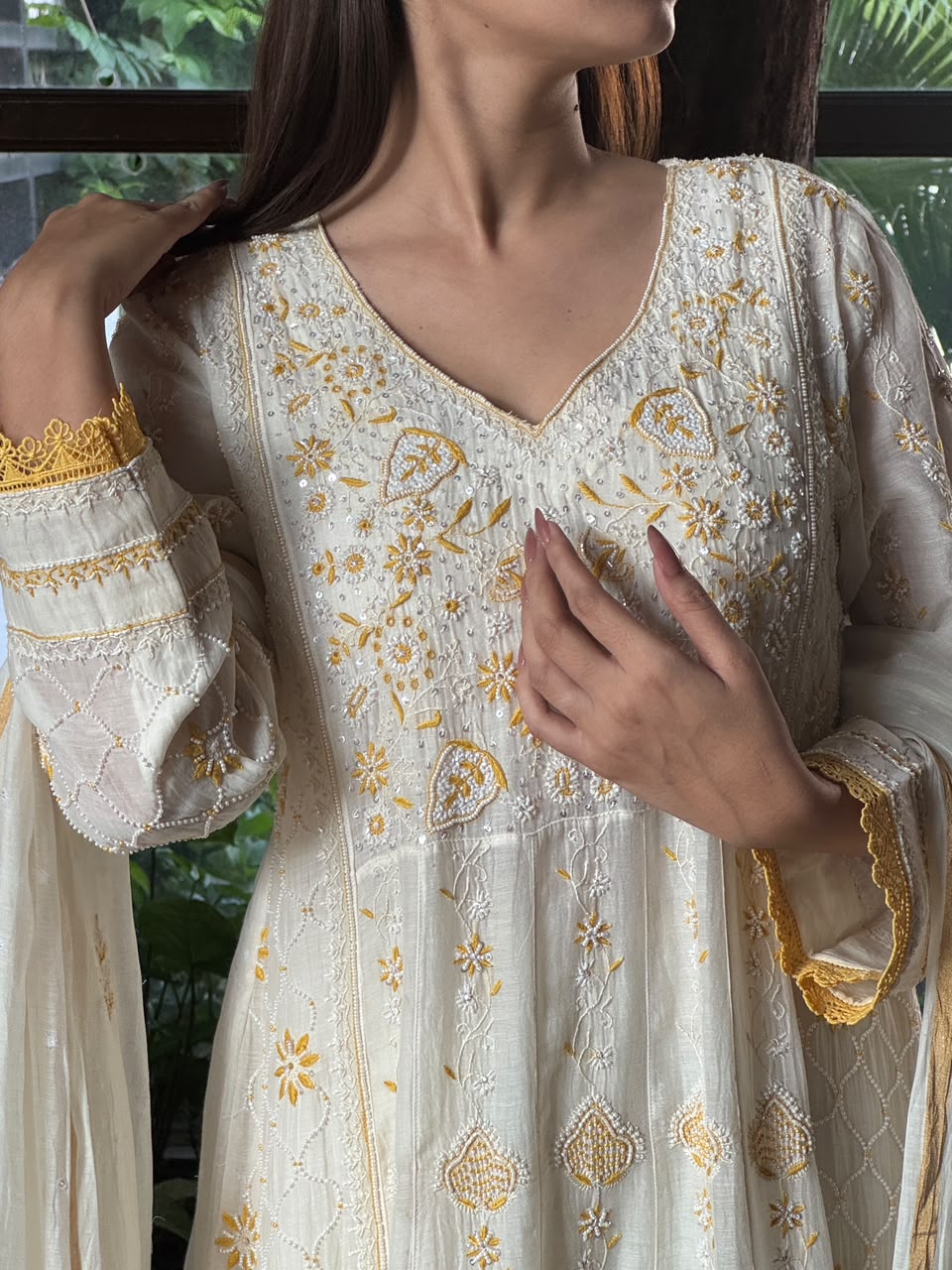 Off White & Yellow Malmal Pearl Work Chikankari Kalidar Kurta Set
