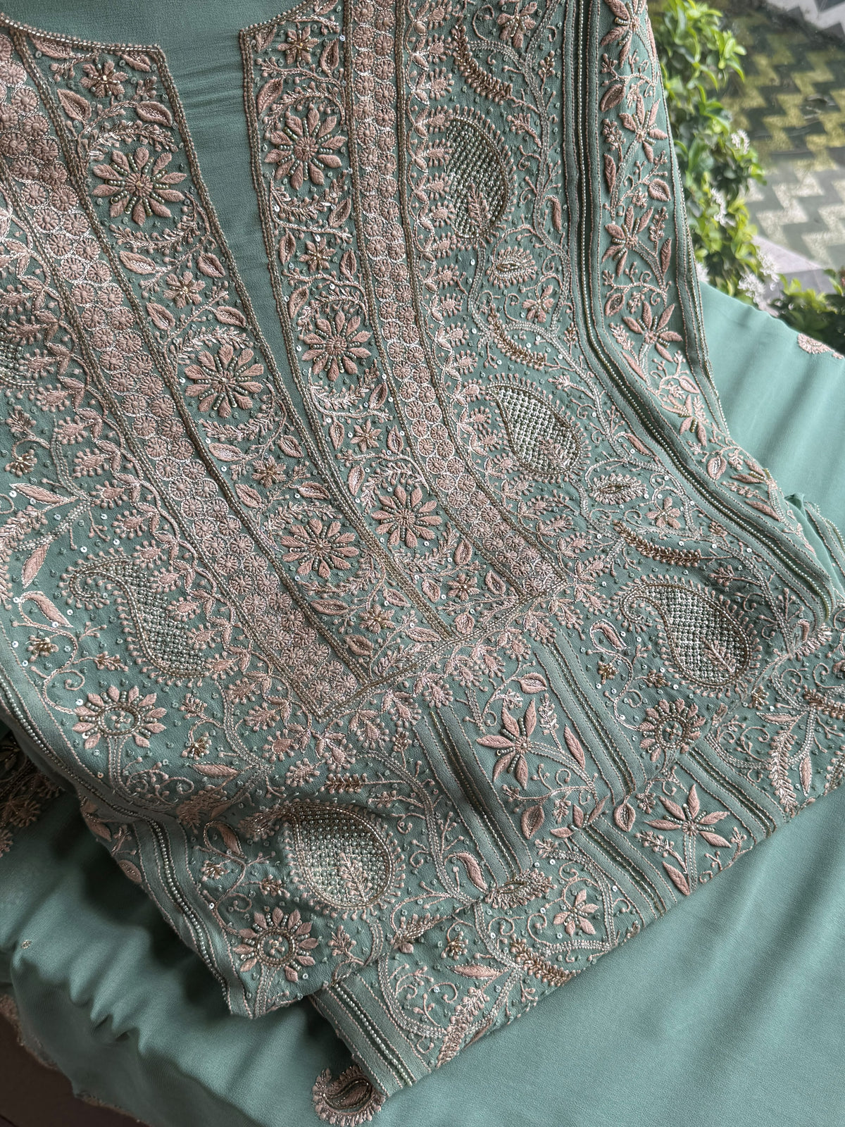 Green Superfine Pure Georgette Chikankari Kurta Set