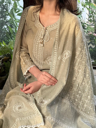 Grey Green Mulmul Pearl White Chikankari Kurta With Heavy Dupatta