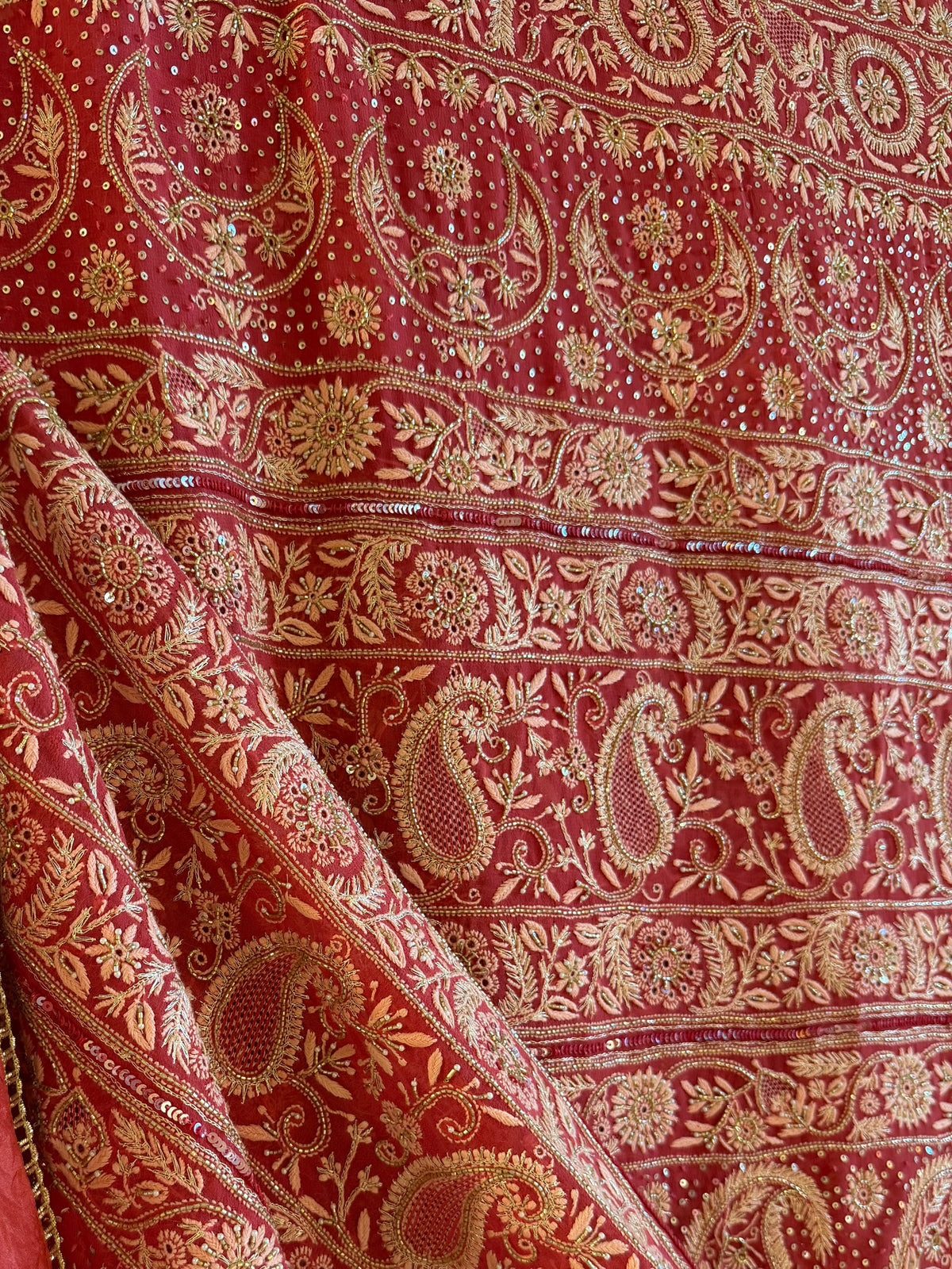 Deep Coral Shade Heavy Chikankari Jwelled Chikankari Sequinned Saree