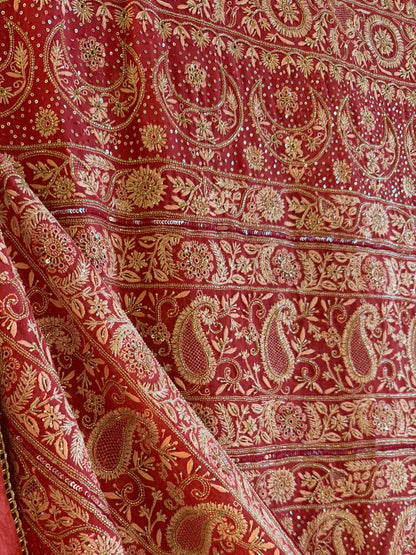 Deep Coral Shade Heavy Chikankari Jwelled Chikankari Sequinned Saree