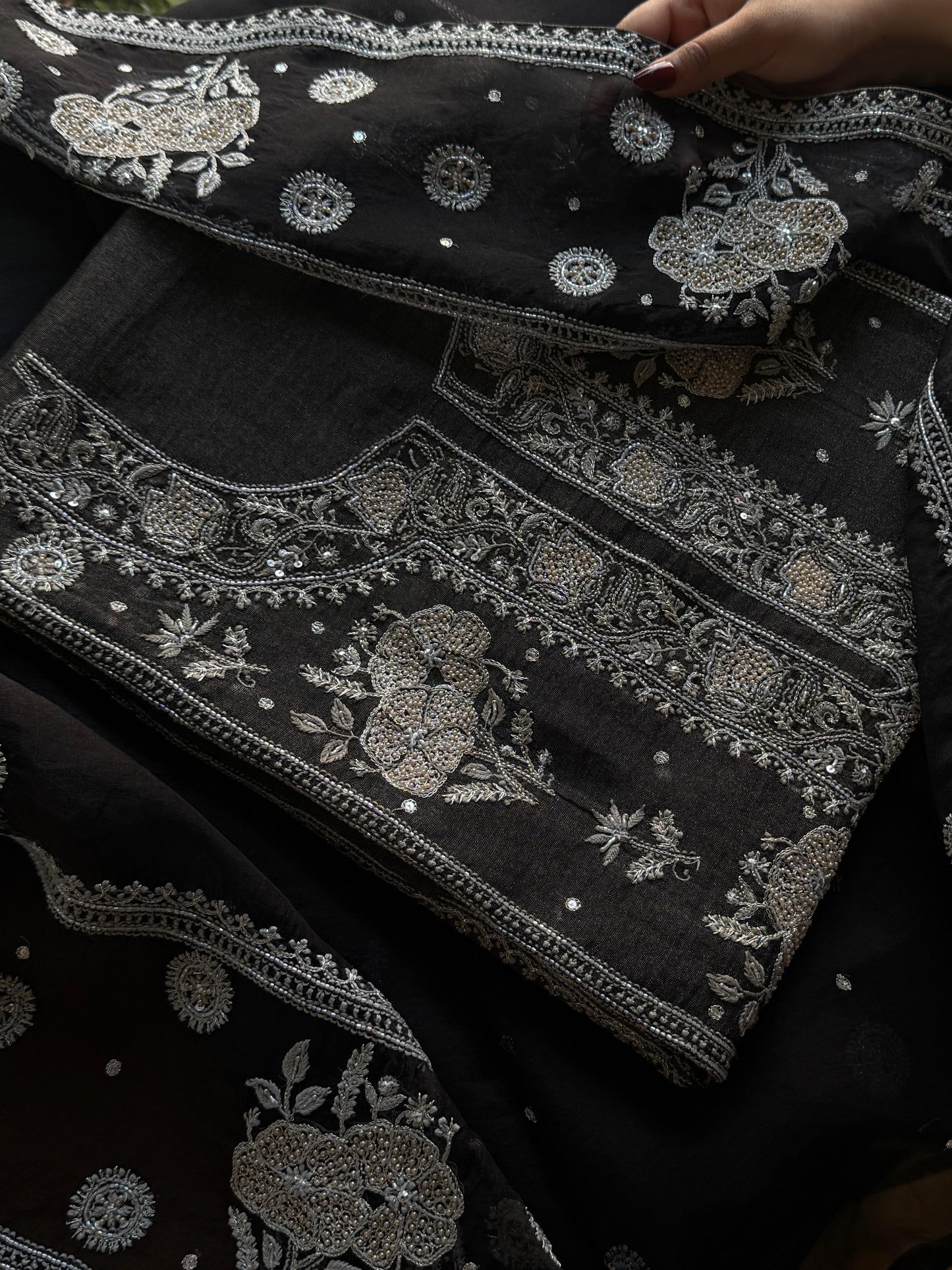 MYSTIC BLACK AND ASH SILVER | TISSUE SILK CHIKANKARI