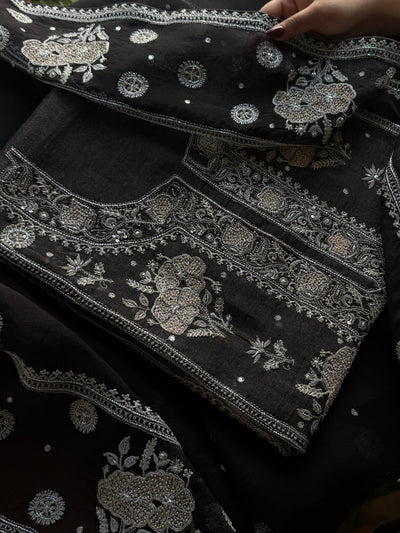 MYSTIC BLACK AND ASH SILVER | TISSUE SILK CHIKANKARI