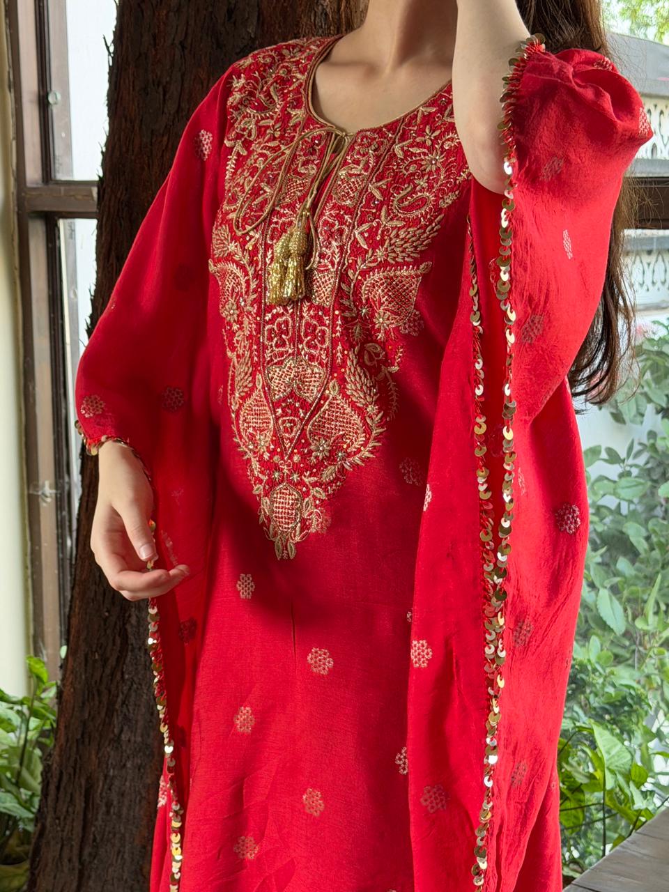 Red Zari Chanderi Chikankari Kaftan