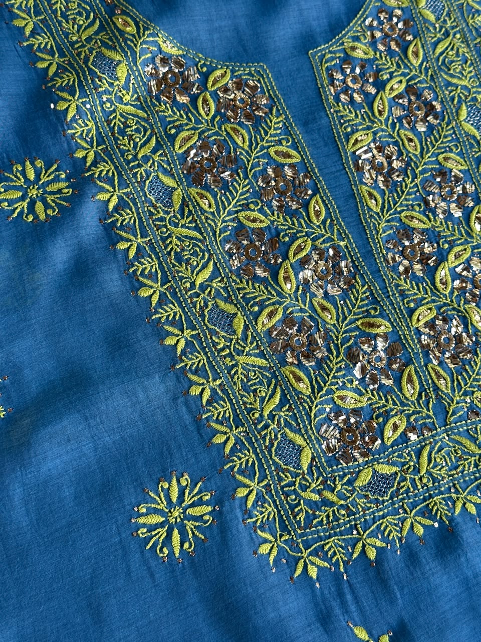 Blue & Green Shade Mal Cotton Chikankari Unstitched Kurta Dupatta Fabric With Mukaish Badla