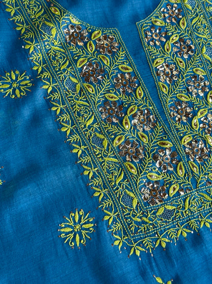 Blue & Green Shade Mal Cotton Chikankari Unstitched Kurta Dupatta Fabric With Mukaish Badla