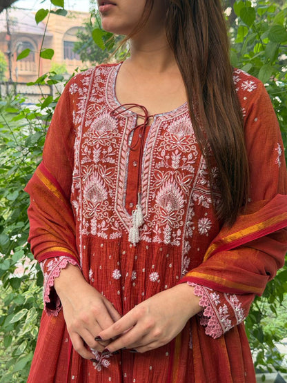 Rust Red Tissue Silk Chikankari Angarkha With Ari & Beads Work