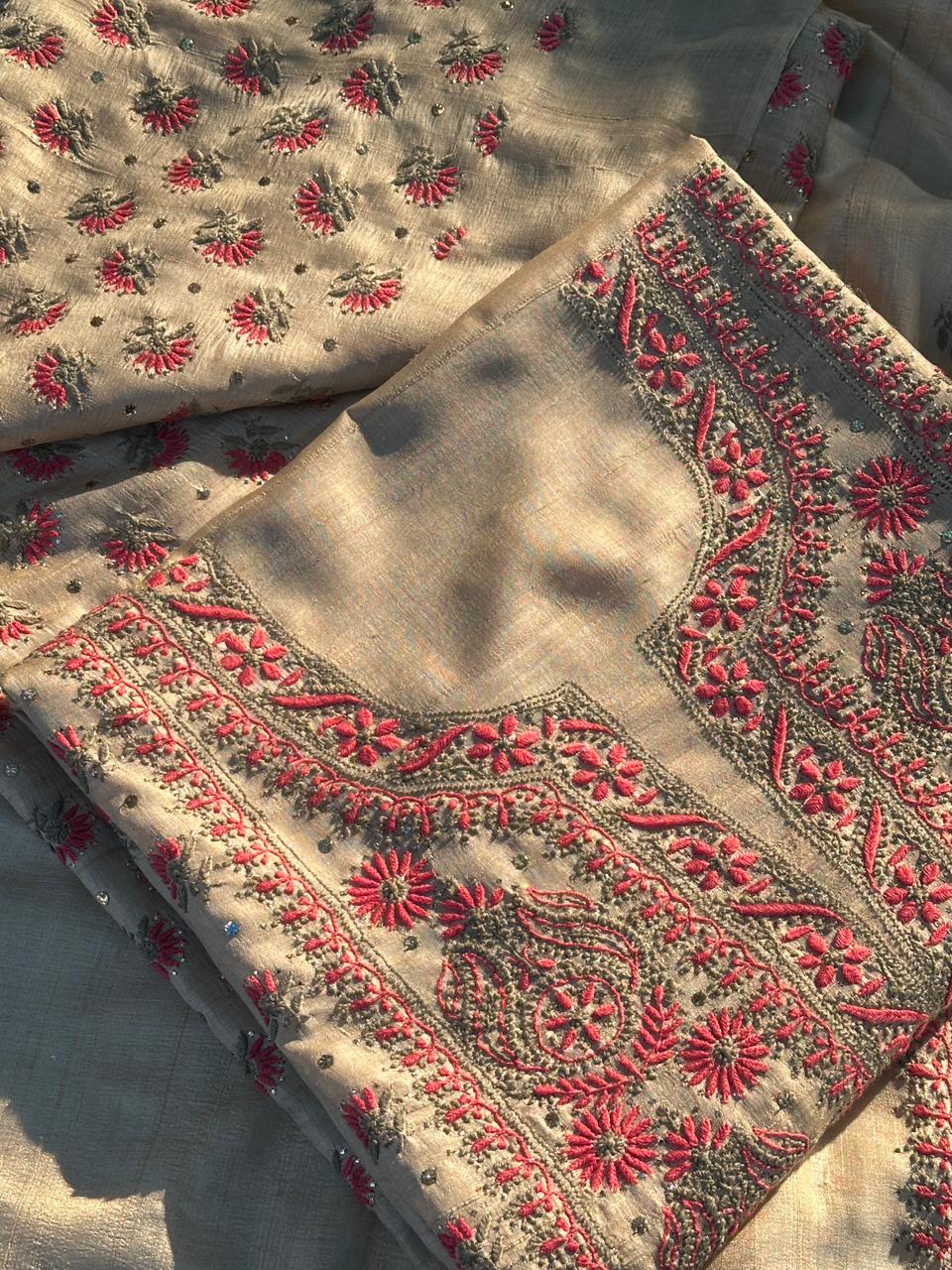 Natural Beige Shade Tussar Silk With Dual Thread Chikankari Fabric