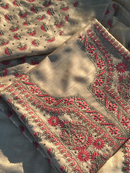 Natural Beige Shade Tussar Silk With Dual Thread Chikankari Fabric