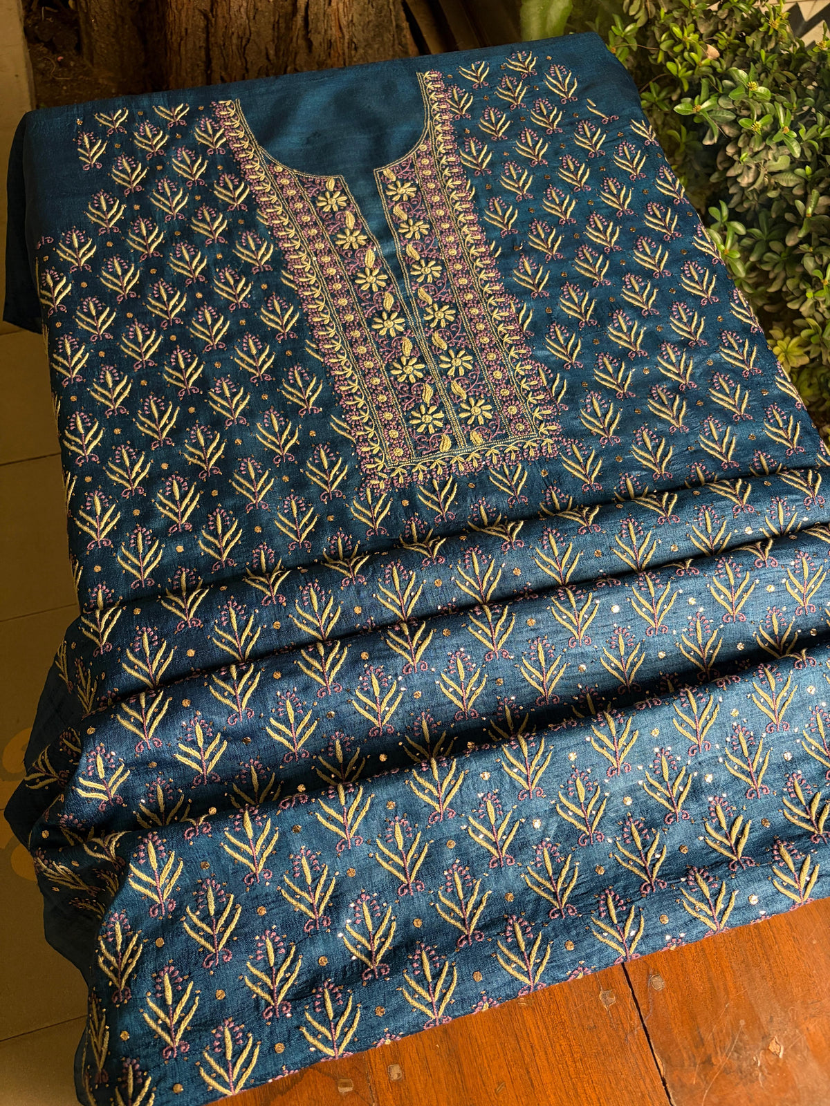 Blue Multi Roheen Tussar Silk Chikankari Fabric
