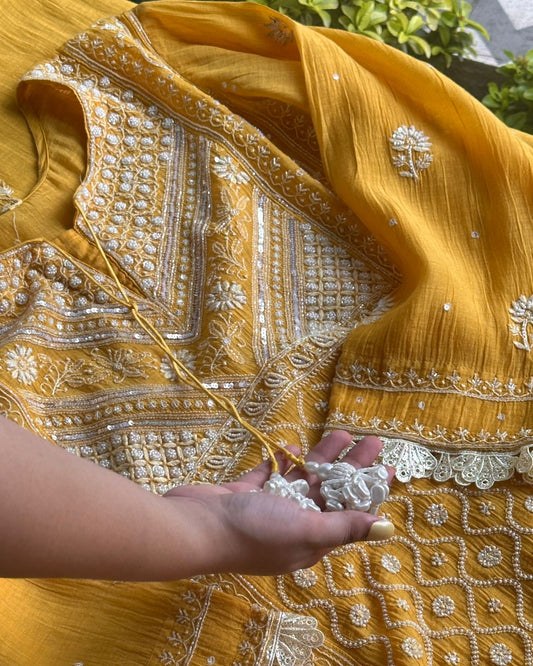 Yellow Malmal Pearl Work Chikankari Kalidar A Line Kurta With Dupatta